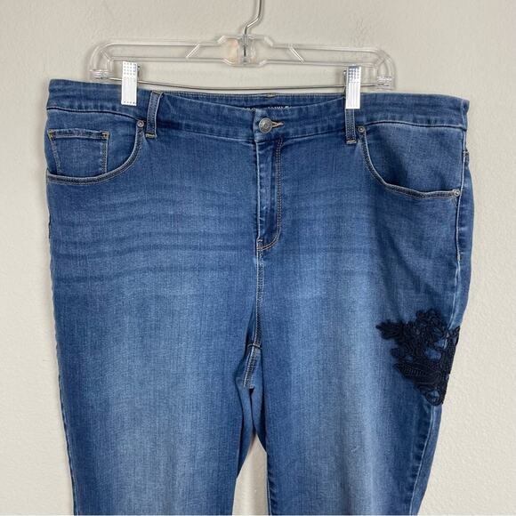 Chico's Blue Denim Floral & Patch Embellished Ankle Jeans 3 - Picture 3 of 10